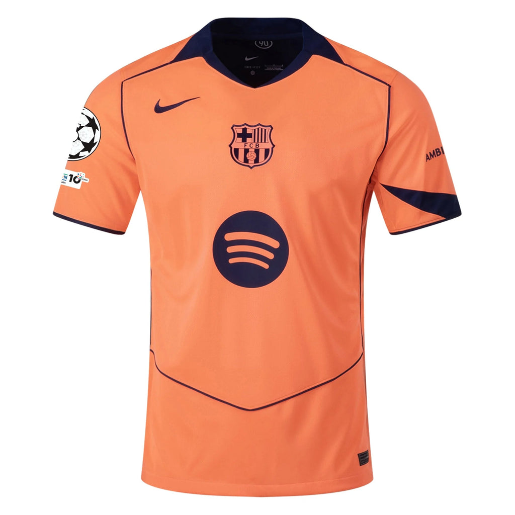 Nike Olmo FC Barcelona Third T90 Authentic Jersey 25/26 w/ Champions League Patches (Mango/Navy)