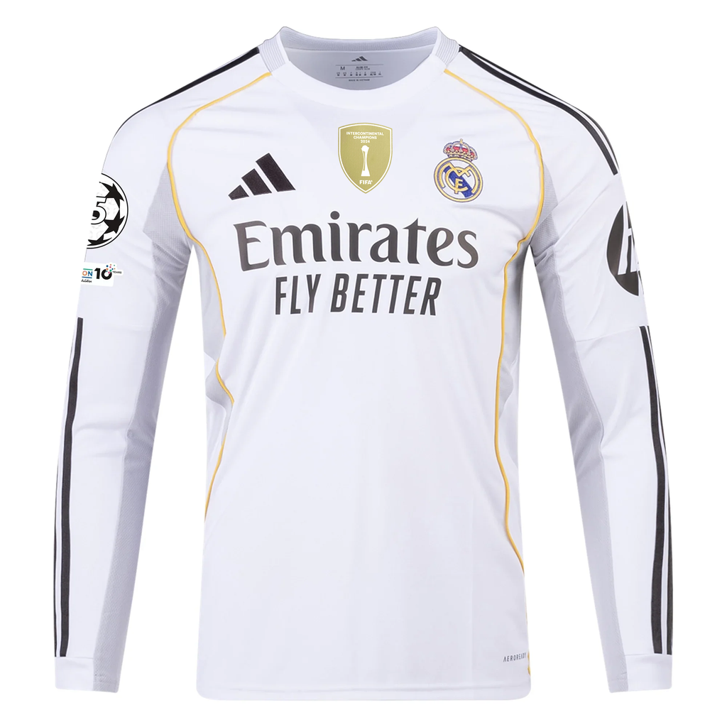 adidas Real Madrid Arda Guler Long Sleeve Home Jersey w/ Intercontinental + Champions League Patches 25/26 (White)