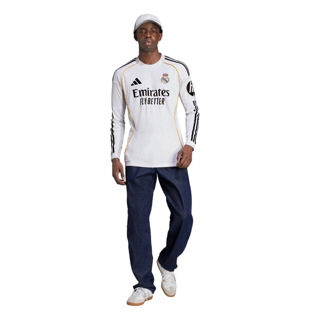 adidas Real Madrid E. Militao Long Sleeve Home Jersey w/ Intercontinental + Champions League Patches 25/26 (White)