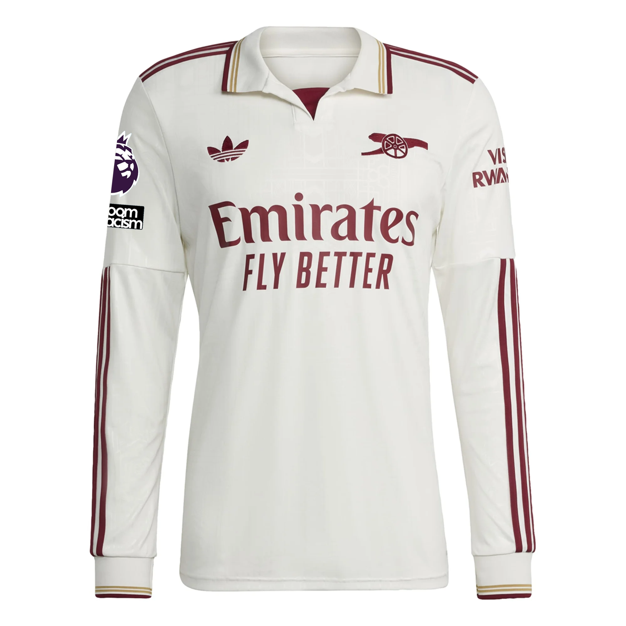 adidas Arsenal Ben White Third Long Sleeve Jersey w/ EPL + No Room For Racism 25/26 (White/Burgundy)